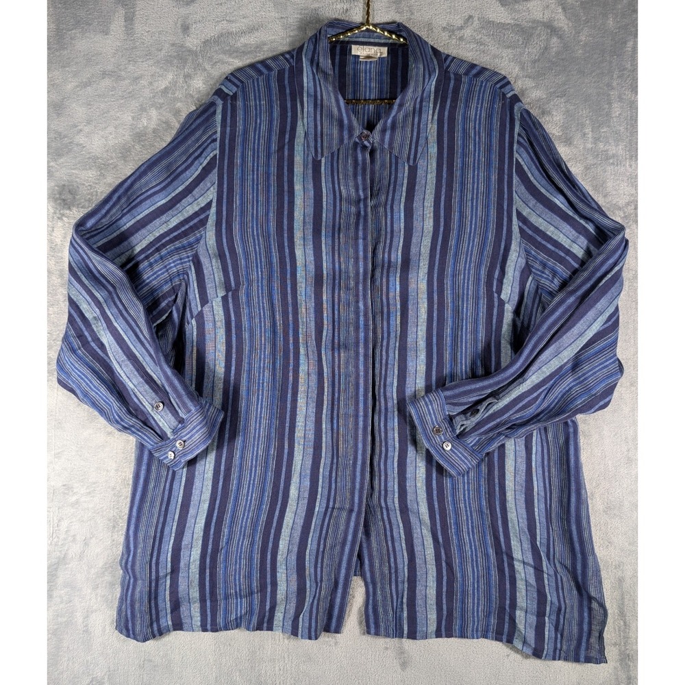 Elana by Tanner Blue Striped 100% Linen Long Sleeve Button Down Shirt Plus 3XL